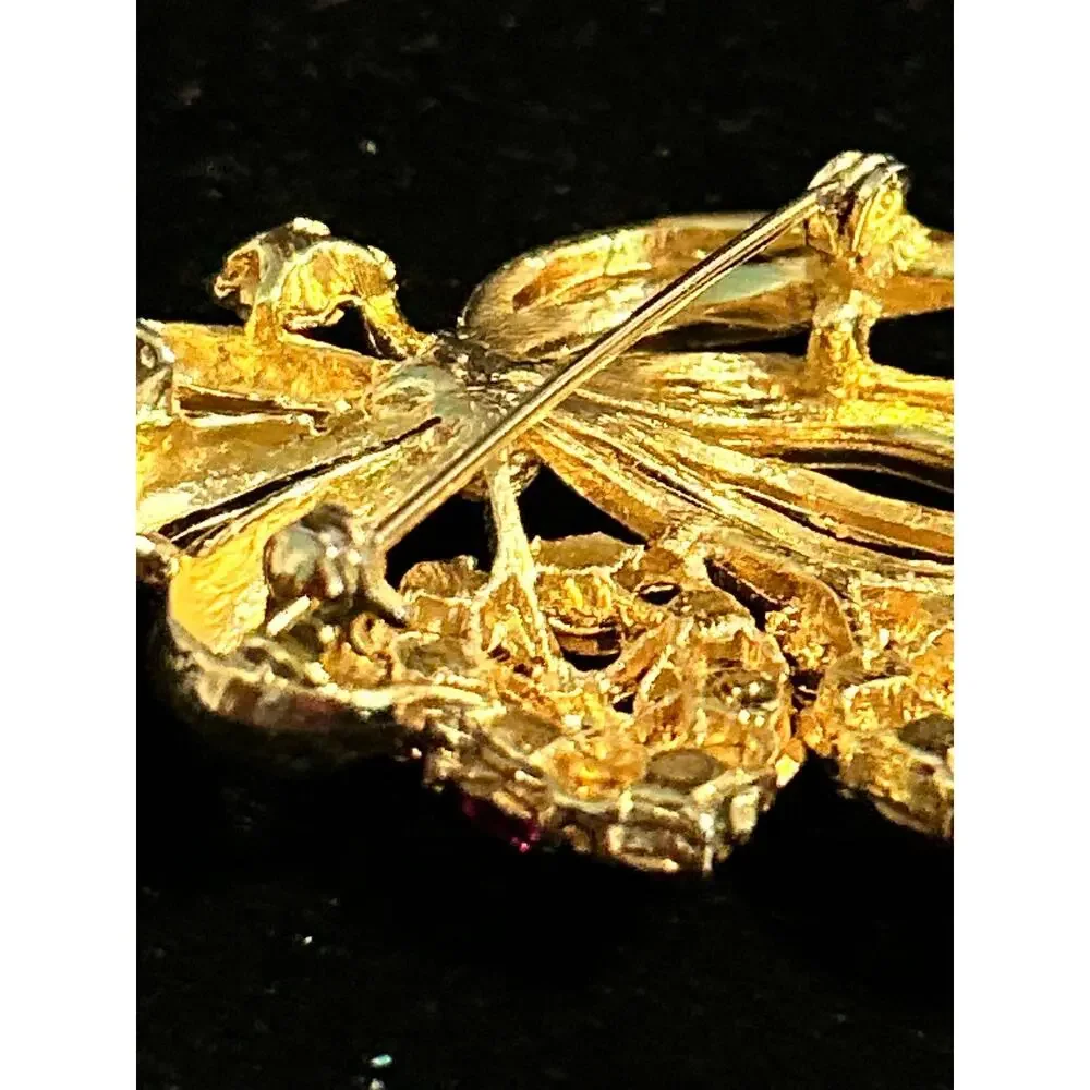 Vintage M Jent M Jenny 1970s Berry Brooch Pink Rhinestone Gold Tone Pin RI
